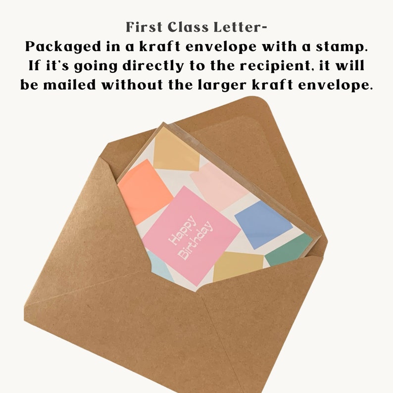 Shows how the card is mailed. Larger kraft envelope with the card and envelope packaged in a cellophane sleeve.