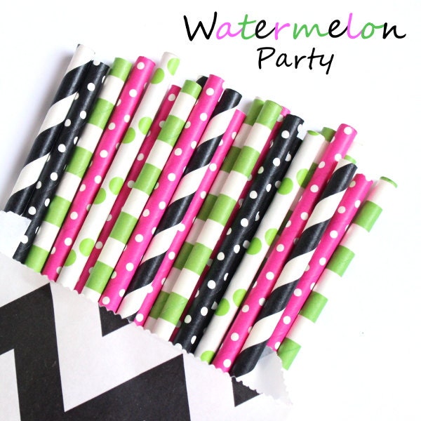 Pink green and black paper strawsset of 25 watermelon party Etsy