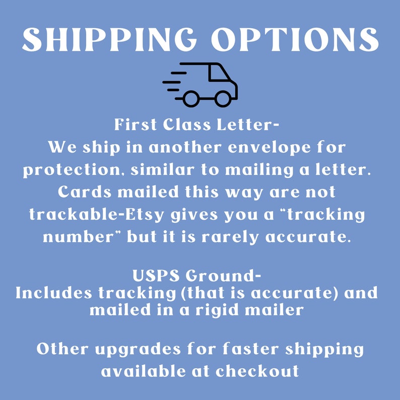 May include: A light blue background with the text "SHIPPING OPTIONS" in white. Below, the text describes shipping options, including First Class Letter and USPS Ground. A graphic of a delivery truck is also present.