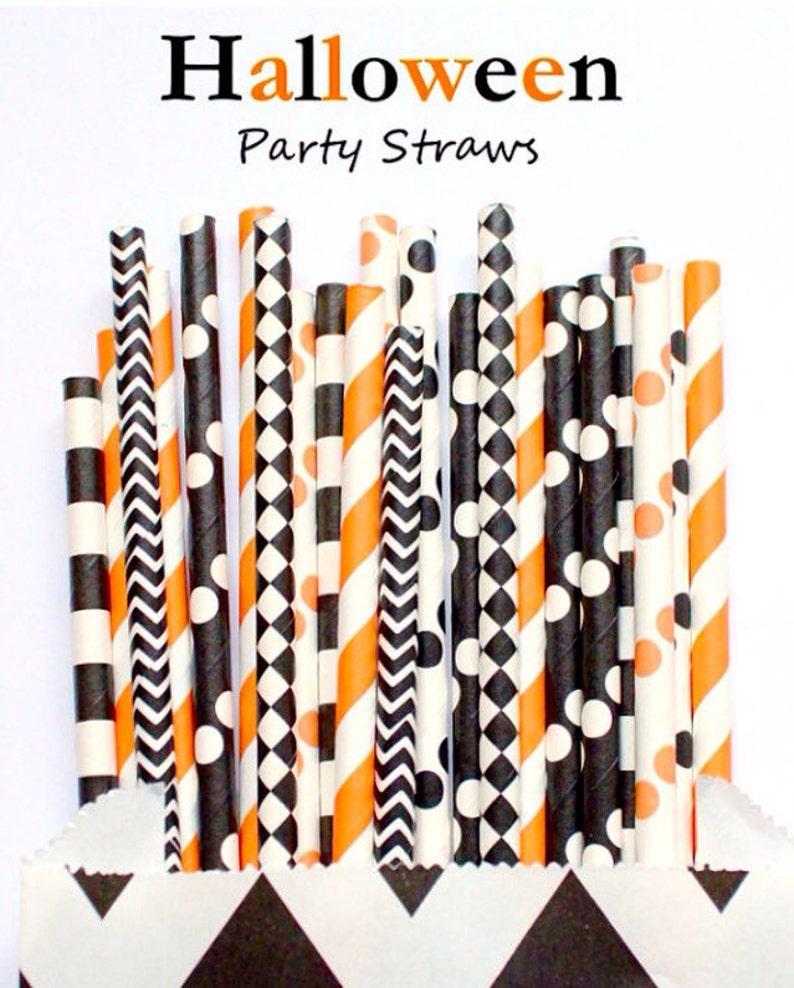 Halloween Straws Striped Paper Straws Orange Black NEW 25 pack