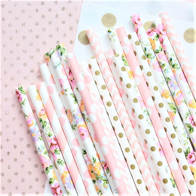Pink floral paper strawsset of 25 garden party straws tea Etsy