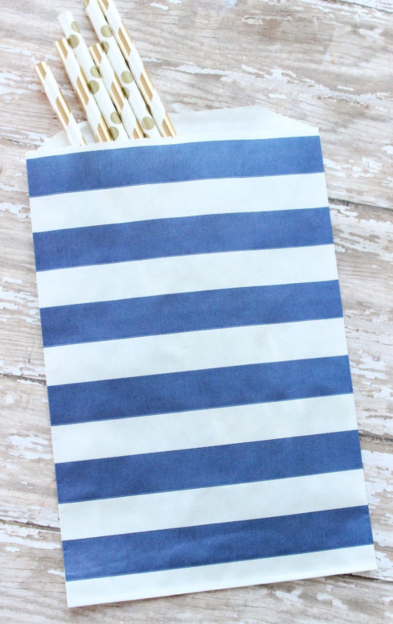 birthdays nautical parties candy treat bags, nautical weddings Blue and white striped paper favor bags set of 12 bridal parties