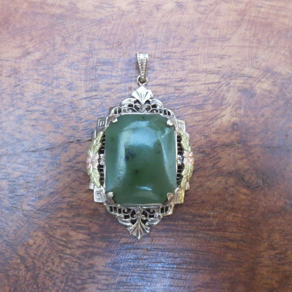 Vintage Nephrite Jade Tri-Color Gold Filled Filigree Pendant LSP Co. 1/20th 12K GF Signed L. S. Peterson Co