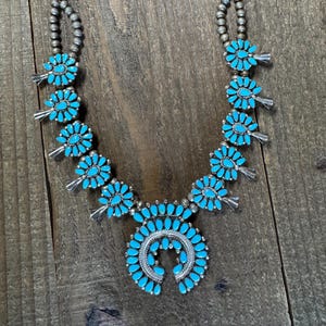 Vintage Zuni Petit Point Turquoise Squash Blossom Necklace Signed E.Y. New Mexico
