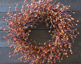 Rustic Berry Wreath with Orange Burgundy Brown Tan and Deep Plum Mixed Berries Primitive Country Cottage Fall Autumn Colors