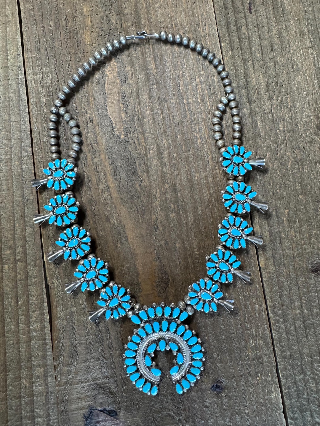 Vintage Zuni Petit Point Turquoise Squash Blossom Necklace Signed