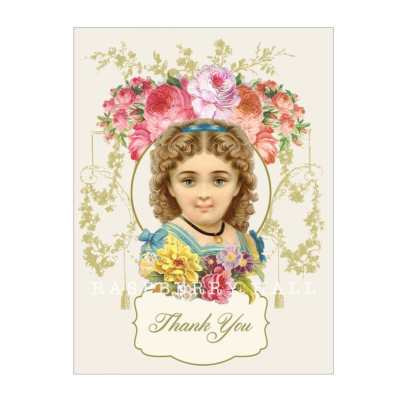 A01 Victorian Thank You Card Victorian Girl with Flowers Etsy