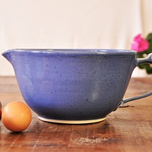 pottery pantry bowl with handle and spout, mixing bowls, batter bowls, ceramic mixing bowl, handmade mixing bowl,pottery bowl, pantry bowl blue triangle
