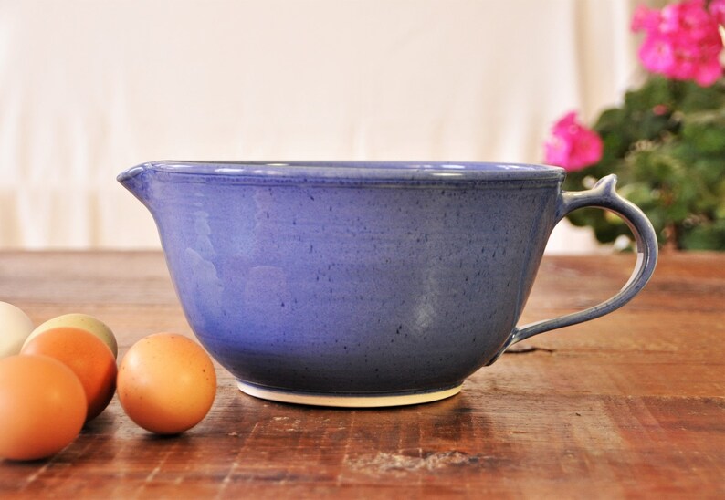 pottery pantry bowl with handle and spout, mixing bowls, batter bowls, ceramic mixing bowl, handmade mixing bowl,pottery bowl, pantry bowl blue triangle