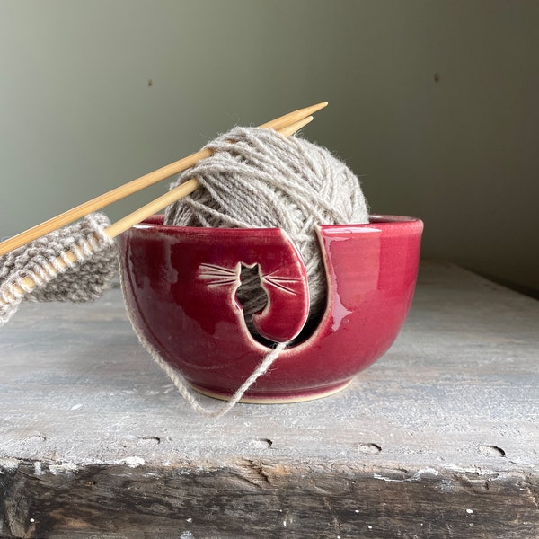 Cranberry Red Cat Ceramic Yarn Bowl, ceramic knitting bowl,  knitting and crochet accessory, pottery yarn bowl, gift for knitters