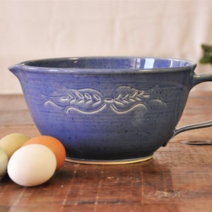 pottery pantry bowl with handle and spout, mixing bowls, batter bowls, ceramic mixing bowl, handmade mixing bowl,pottery bowl, pantry bowl blue wheat