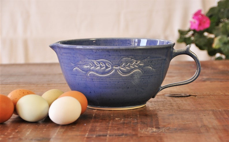 pottery pantry bowl with handle and spout, mixing bowls, batter bowls, ceramic mixing bowl, handmade mixing bowl,pottery bowl, pantry bowl blue wheat