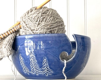Blue Ceramic Yarn Bowl, pine tree knitting bowl, crochet bowl, knitting and crochet accessory, pottery yarn bowl, gift for knitter
