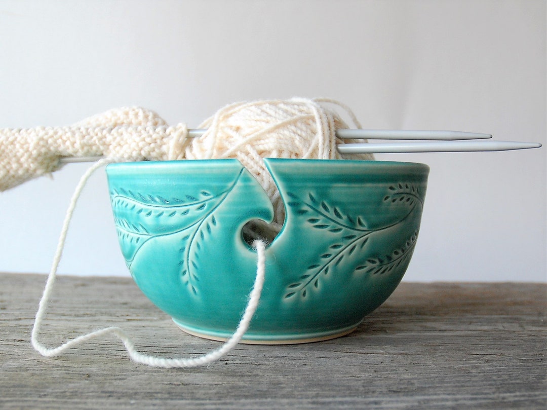 Turquoise Flower Yarn Bowl, Yarn Bowl, Knitting Bowl, Crochet Bowl,  Turquoise and White Yarn Bowl 