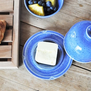 Butter dish with lid, blue pottery butter dish, covered ceramic butter keeper, tableware, covered butter dish, butter dish, pottery image 1