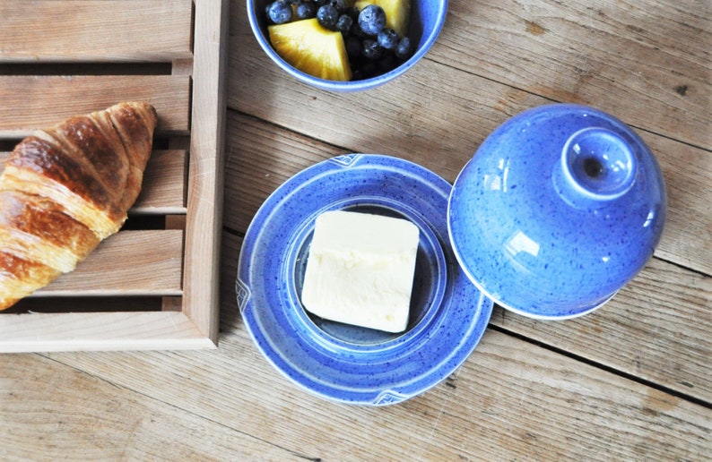 Butter dish with lid, blue pottery butter dish, covered ceramic butter keeper, tableware, covered butter dish, butter dish, pottery image 1