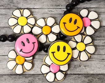 Retro Theme, Smile and Retro Daisies, Happy Face, Hand Decorated Sugar Cookies, Custom Designs and Colors, 2" Cookies, 2 Dozen