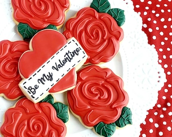 Decorated Valentine and Rose Sugar Cookies, Custom Made and Decorated By Hand, Delicious and Beautiful! 1 Dozen Cookies