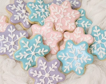 Delicate Pastel Snowflake Cookies, mini hand decorated sugar cookies, DELICIOUS!!! One dozen.