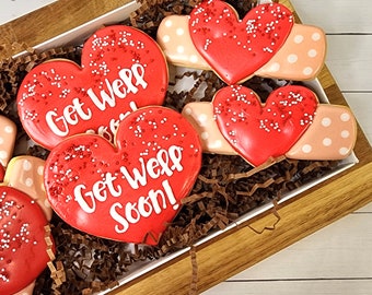 Get Well Soon Cookies, Hearts and Bandaids, Decorated Sugar Cookies, Gift Boxed Set of 6 Cookies, Recovery Gift, Surgery Gift, Sick or Ill
