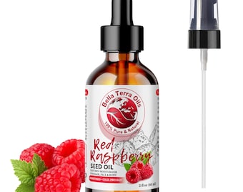 May include: A 2-ounce bottle of Bella Terra Oils Red Raspberry Seed Oil. The bottle is amber glass with a dropper top and a white label with a red raspberry illustration. The label reads "100% Pure & Natural Red Raspberry Seed Oil Nature's Moisturizer for Hair, Face & Body Unrefined - Cold-Pressed 2 fl oz (60 ml)"