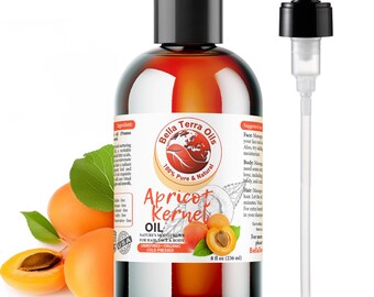 May include: A clear glass bottle with a black pump top filled with apricot kernel oil. The bottle has a label that says "Bella Terra Oils 100% Pure & Natural Apricot Kernel Oil Nature's Moisturizer for Hair, Face & Body Unrefined Organic Cold-Pressed 8 fl oz (236 ml)". There are apricots in the background.