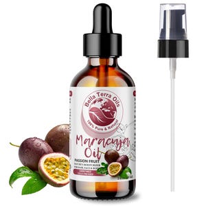 May include: A 2 fl oz (60 ml) amber glass bottle of Maracuja Oil, a passion fruit oil, with a black dropper top. The bottle has a white label with the text "Bella Terra Oils", "100% Pure & Natural", "Maracuja Oil", "Passion Fruit", "Nature's Moisturizer for Hair, Face & Body", "Unrefined Cold-Pressed".