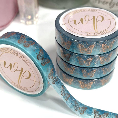 Butterfly Washi Tape, Rose Gold Foil Washi, Blue Washi Tape, Cute Stationery, Planner, Scrapbooking, Skinny Washi