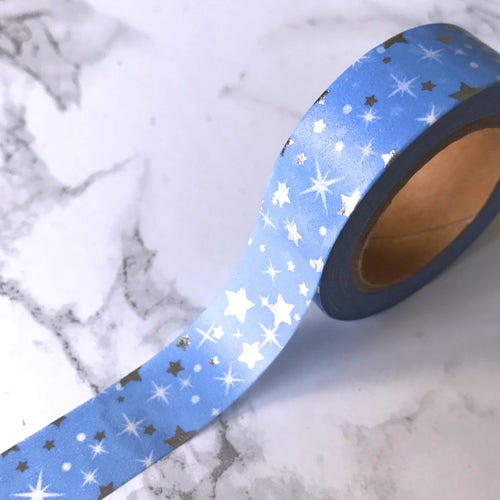 Light Blue & Silver Foil Star Christmas Washi Tape // Decorative Paper Masking Drafter Planner Scrapbooking Tape