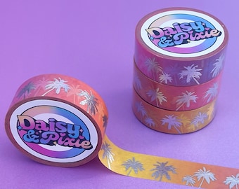 Exclusive Custom Washi Tape, Palm Tree Washi Tape, Sunset Ombre Washi Tape, Silver Foil Washi, Foil Palm Washi Tape, Planner, Scrapbooking