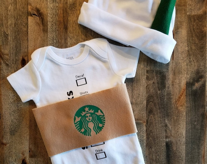 Hot Coffee Cup Costume for Baby!  Adorable hot cup with "cardboard" sleeve.  Newborn/ 24 months, oneies are in short sleeve or long sleeve.