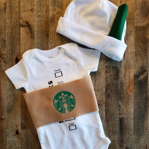 Hot Coffee Cup Costume for Baby!  Adorable hot cup with &quot;cardboard&quot; sleeve.  Newborn/ 24 months, oneies are in short sleeve or long sleeve.