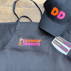 Kids  - Dunkin&#39; Donuts Apron, Hat, and 2 Name Tags.  Purchase hat & apron together comes with 2 FREE name tags. Ages 12-18m, 2-4, 5-9. 10-13