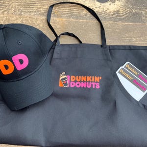 Adult Teen Dress Up Set - Dunkin&#39; Donuts Apron, Hat, and 2 Name Tags. Purchase hat & apron together get 2 FREE name tags.