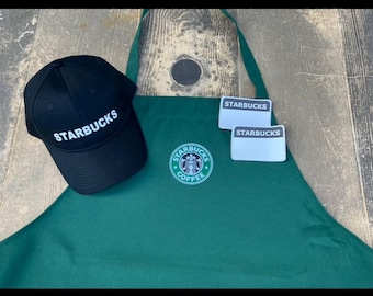 Kids  Dress Up Set - Starbucks Barista Dark Green Apron/BLK HAT. Purchase hat & apron together comes with 2 FREE name tags. Ages 10-13