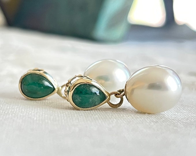 Cultured South Sea Pearl and Emerald Earrings, 14k (SSEE1)