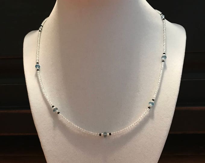 White Topaz Aquamarine Black Spinel Freshwater Pearl Evil Eye Necklace, 14k White Gold (MM27)