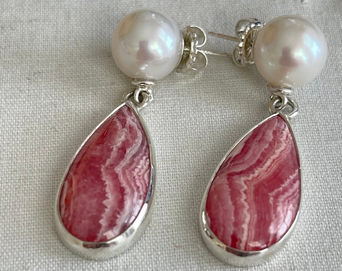 Cultured Freshwater Pearl and Rhodochrosite Earrings, Silver (PRE1)