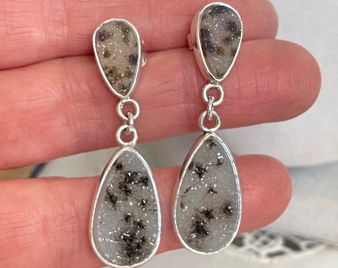 Spotted Drusy Dangle Earrings, Silver (DPE4)