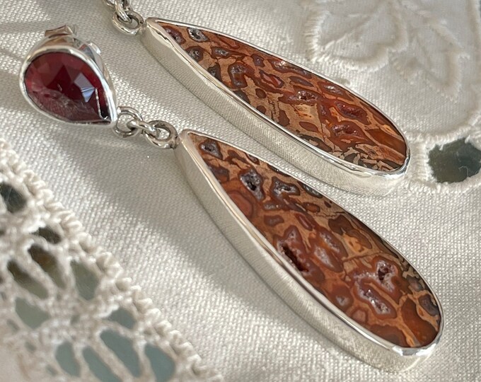 Garnet and Fossilized Wood Earrings, Silver (GPWE1)