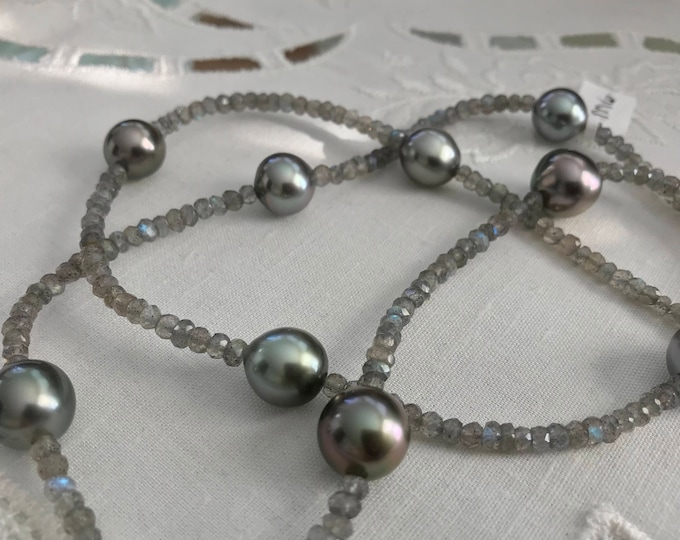 Cultured Tahitian Pearls and Labradorite Necklace, 14k Yellow Gold (MM6)