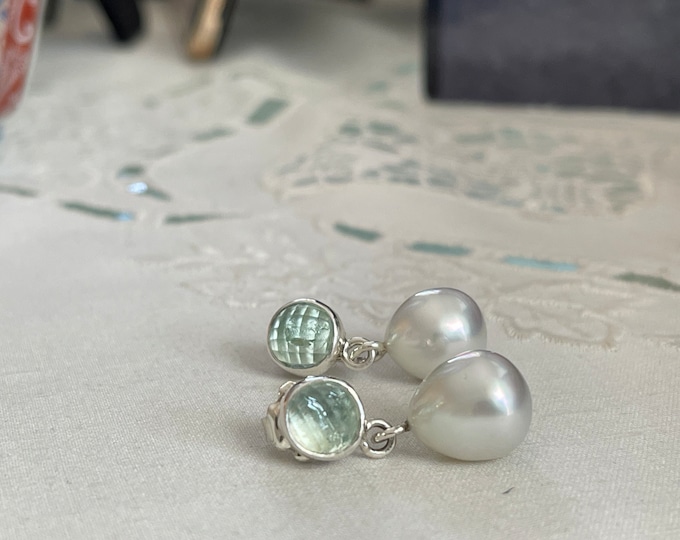 Cultured South Sea Pearl and Neon Green Beryl Earrings, Silver (NGBE3)