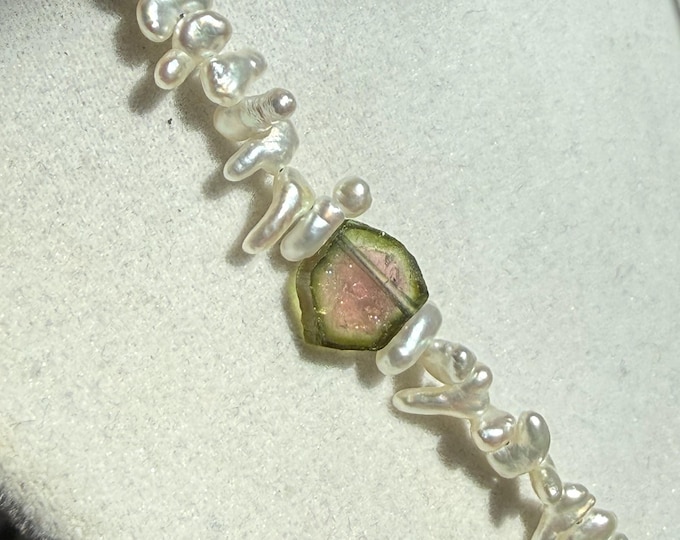 Cultured Akoya Keshi and Tourmaline Neclace, Silver