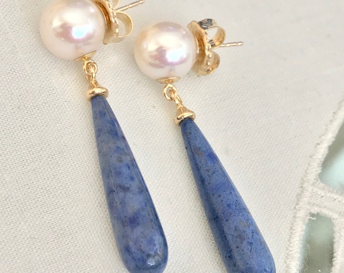 Cultured Freshwater Pearl, Dumortierite, 14k Gold Earrings (FPE4)