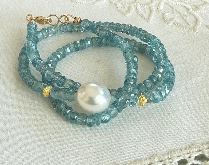 Cultured South Sea Pearl, Blue Zircon Necklace 14k Yellow Gold (BZN5)