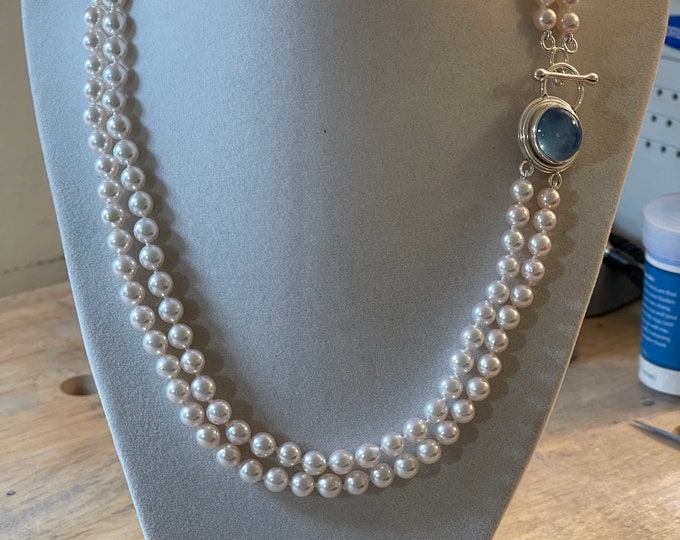 Cultured Akoya Pearl Double Strand with Aquamarine Toggle Clasp, Silver (AADS1)