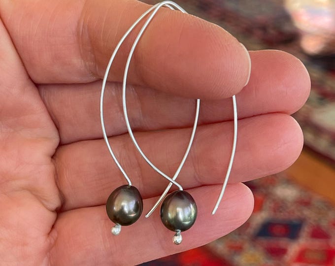 Cultured Tahitian Pearl Dangle Earrings, Silver (SPE25)