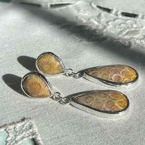 May include: A pair of silver teardrop earrings with fossilized coral insets. The coral is a light brown colour with a swirling pattern.