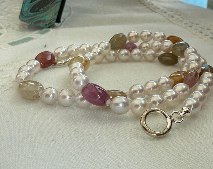 Cultured Freshwater Pearl and Sapphire Necklace, Silver (SFP2)
