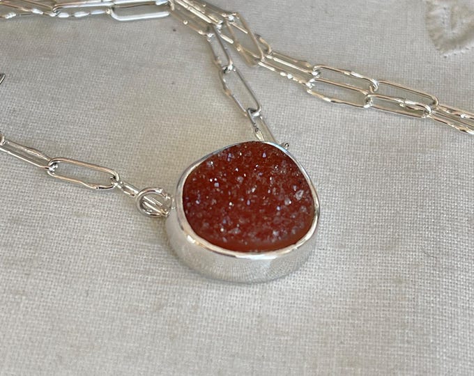 Orange Drusy Bella Beans Pendant Necklace, Silver (DBB4)
